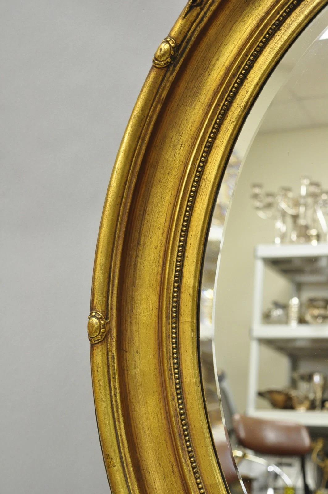 Antique French Victorian Gold Gilt Scroll Oval Beveled Glass Wall Mirror For Sale 1