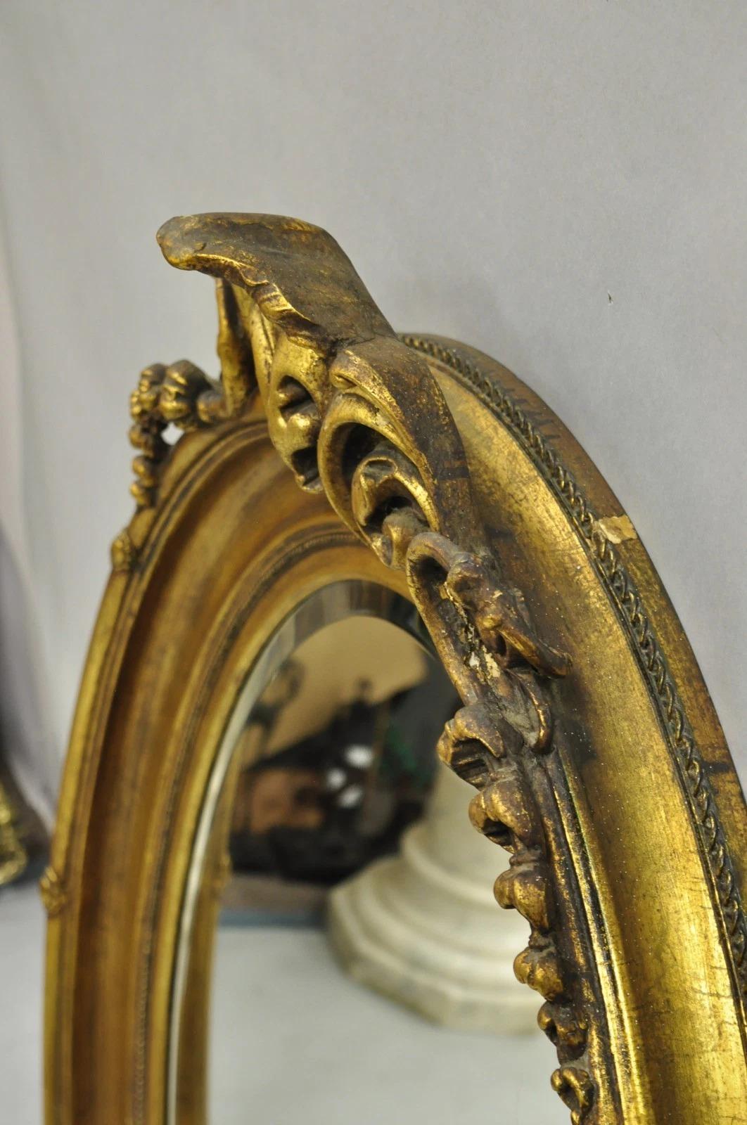 Antique French Victorian Gold Gilt Scroll Oval Beveled Glass Wall Mirror For Sale 2