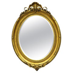 Antique French Victorian Gold Gilt Scroll Oval Beveled Glass Wall Mirror