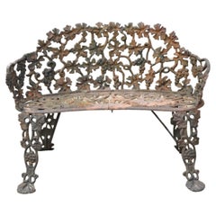 Antique French Victorian Grapevine Leaf Cast Iron Small Garden Bench Loveseat
