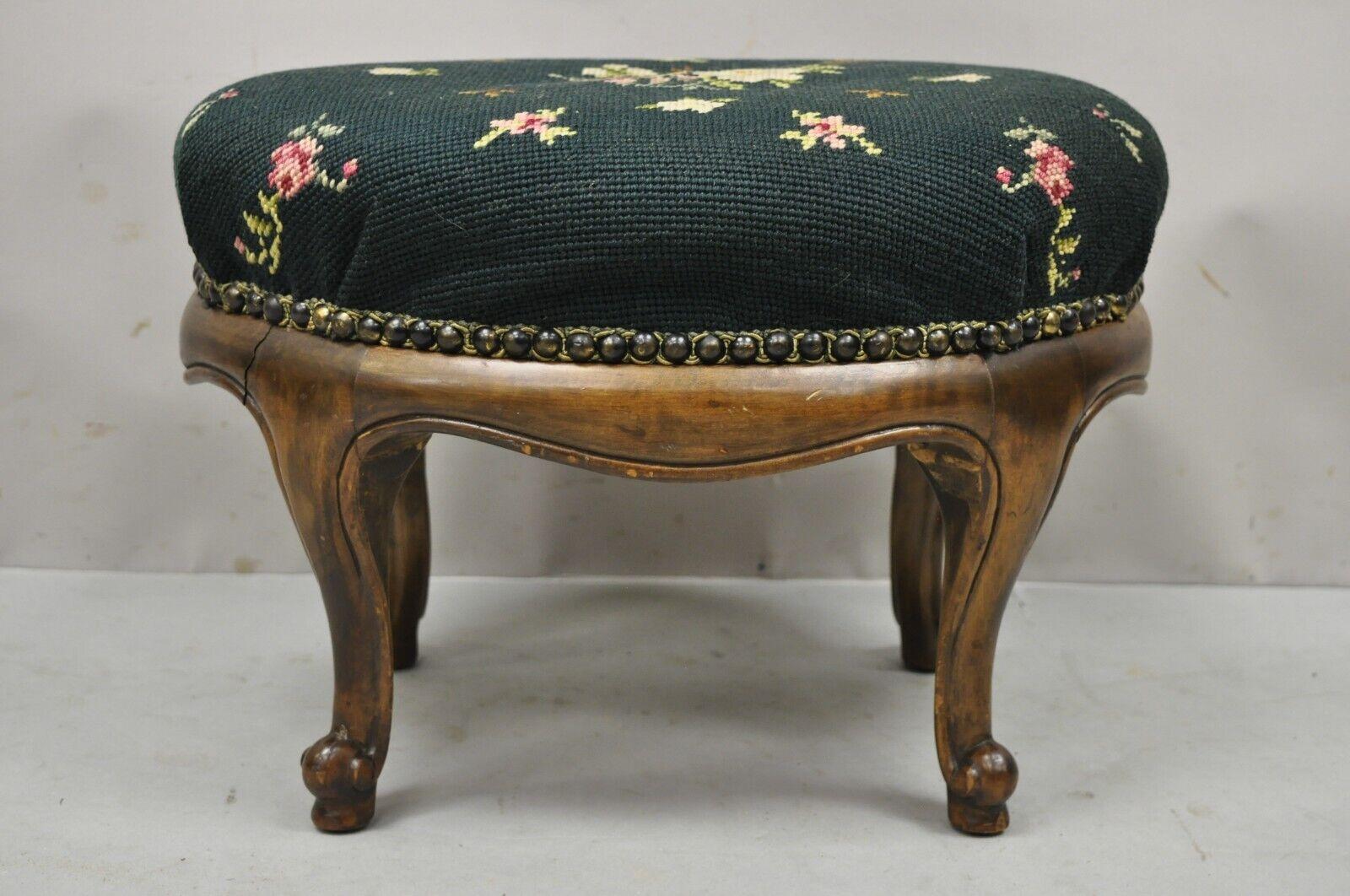 Antique French Victorian Green Floral Needlepoint Oval Mahogany Small Footstool 5