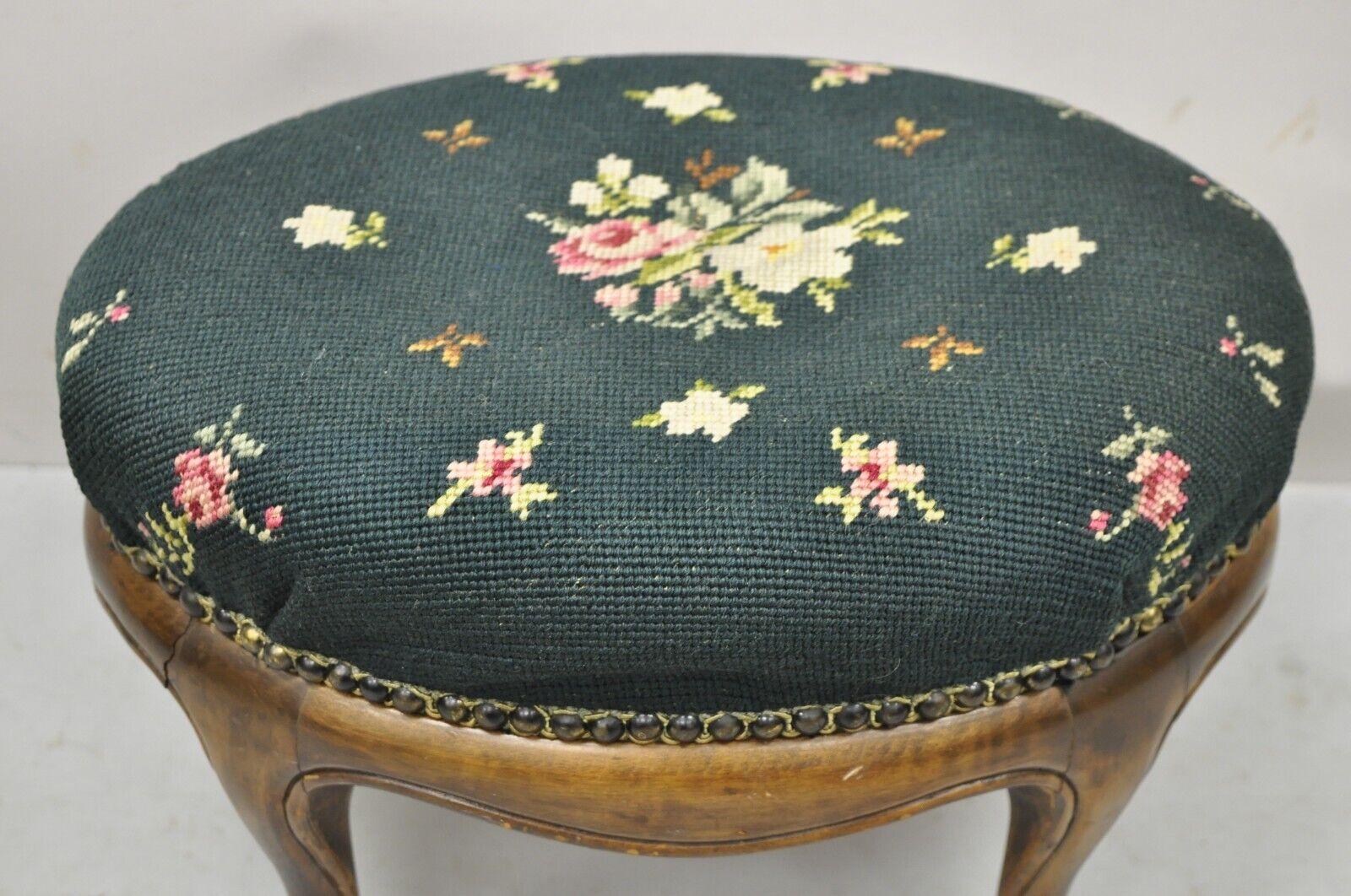 Antique French Victorian Green Floral Needlepoint Oval Mahogany Small Footstool In Good Condition In Philadelphia, PA