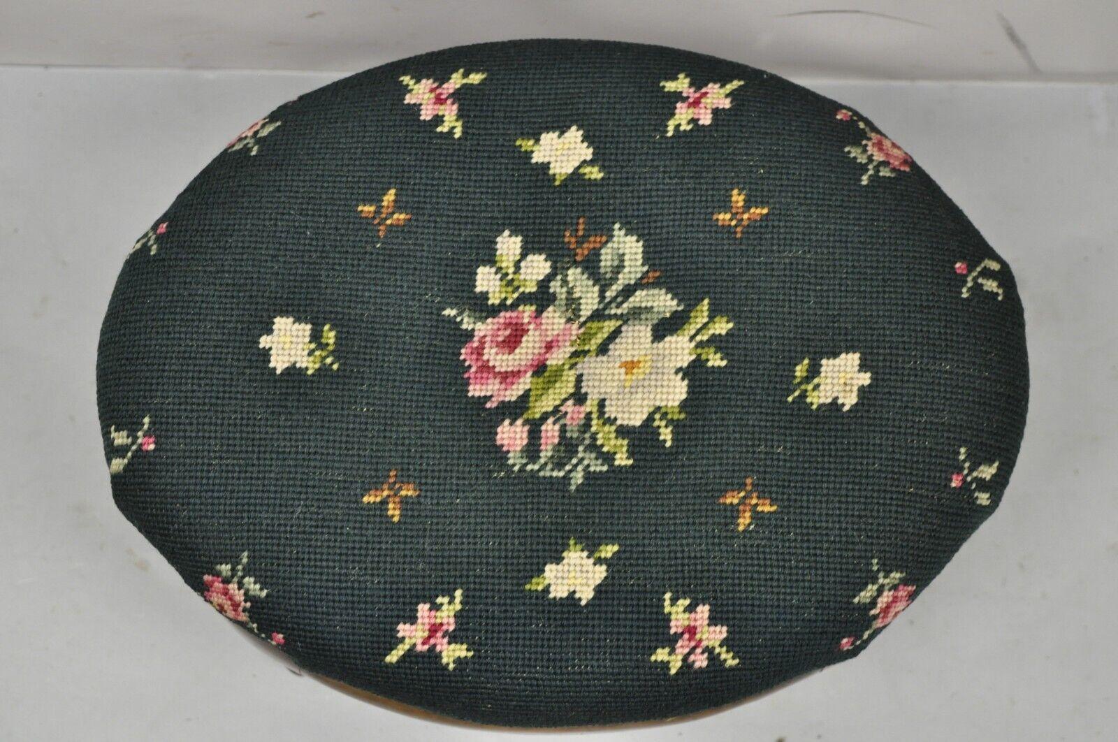 20th Century Antique French Victorian Green Floral Needlepoint Oval Mahogany Small Footstool