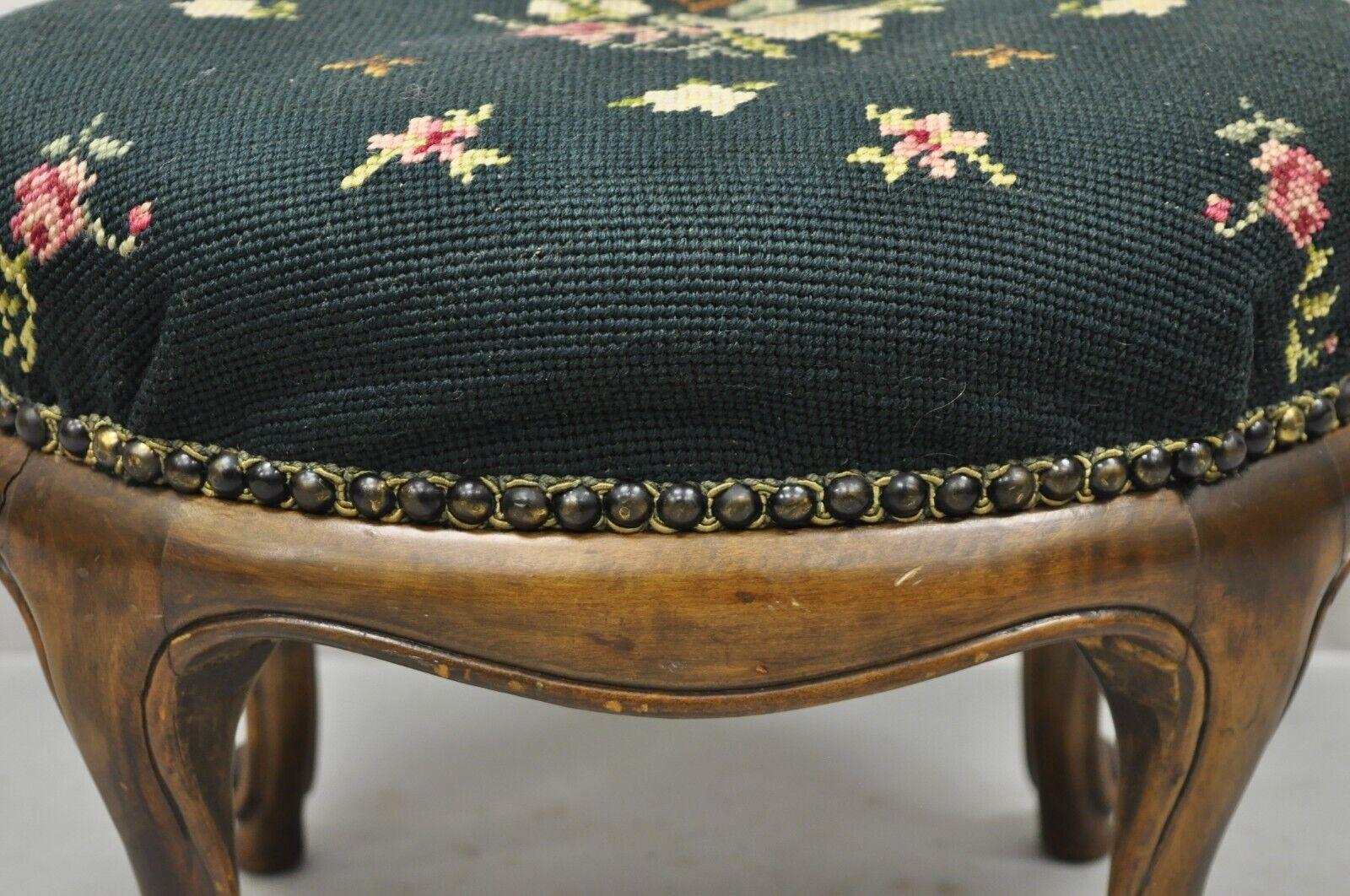 Tapestry Antique French Victorian Green Floral Needlepoint Oval Mahogany Small Footstool