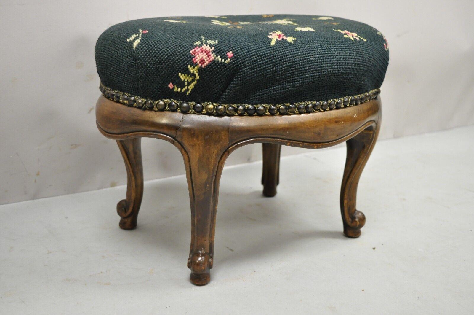 Antique French Victorian Green Floral Needlepoint Oval Mahogany Small Footstool 1
