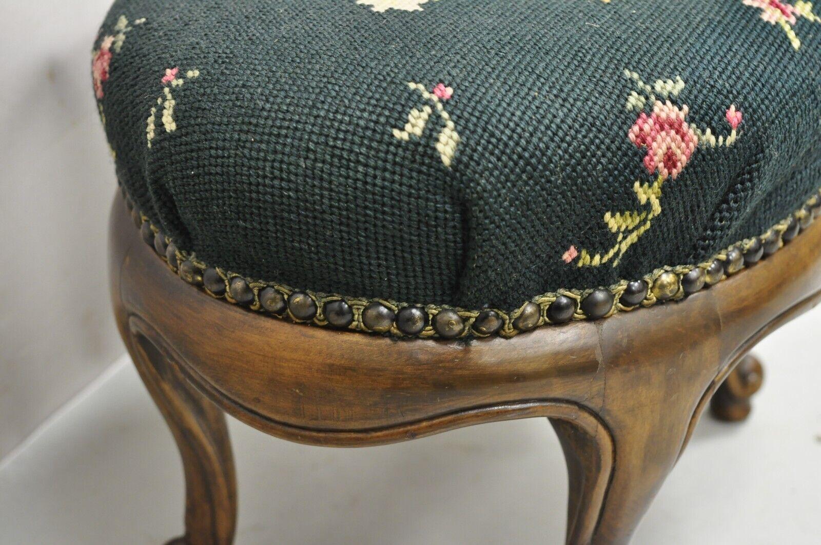 Antique French Victorian Green Floral Needlepoint Oval Mahogany Small Footstool 2