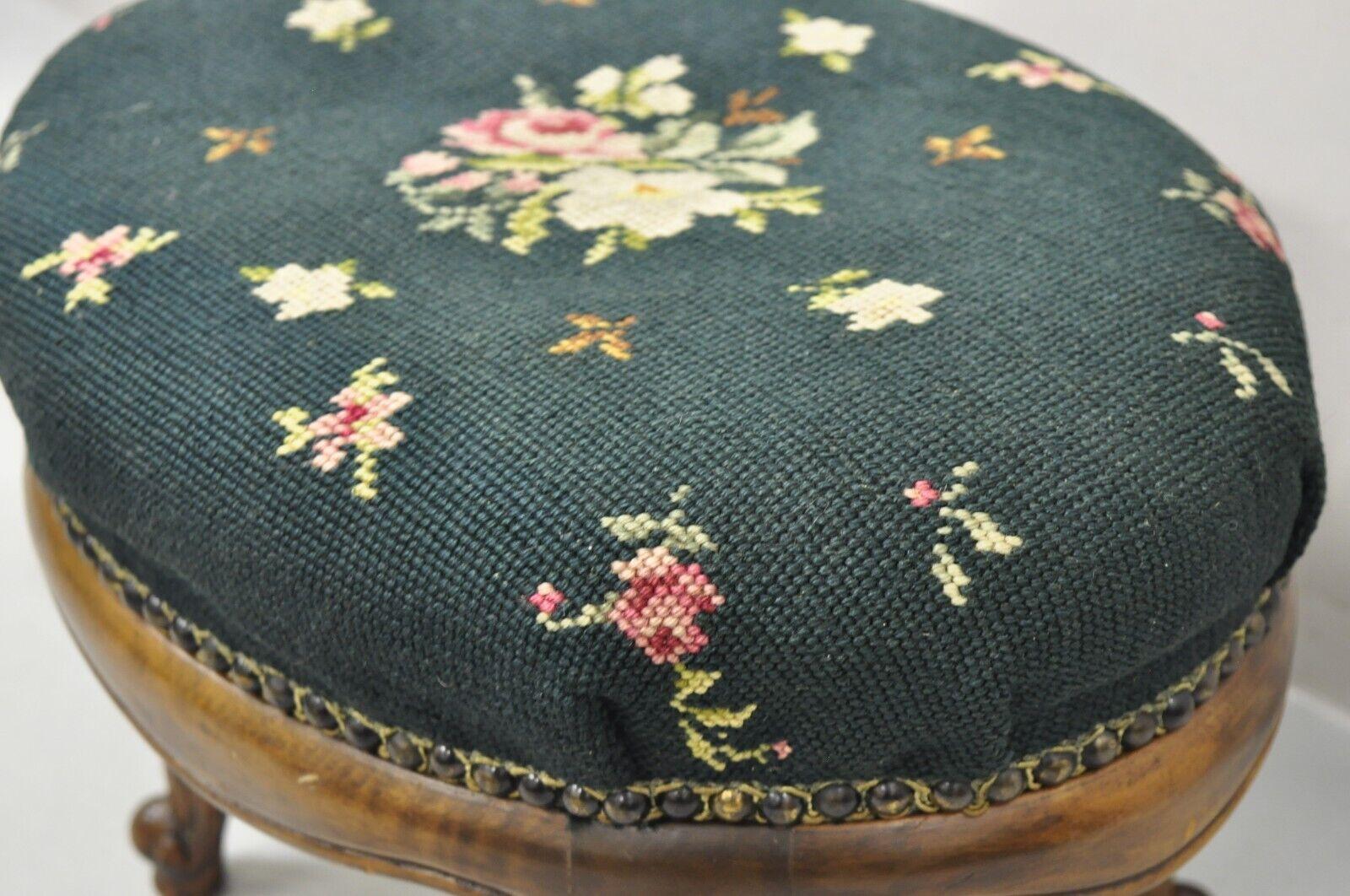 Antique French Victorian Green Floral Needlepoint Oval Mahogany Small Footstool 3