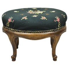 Antique French Victorian Green Floral Needlepoint Oval Mahogany Small Footstool