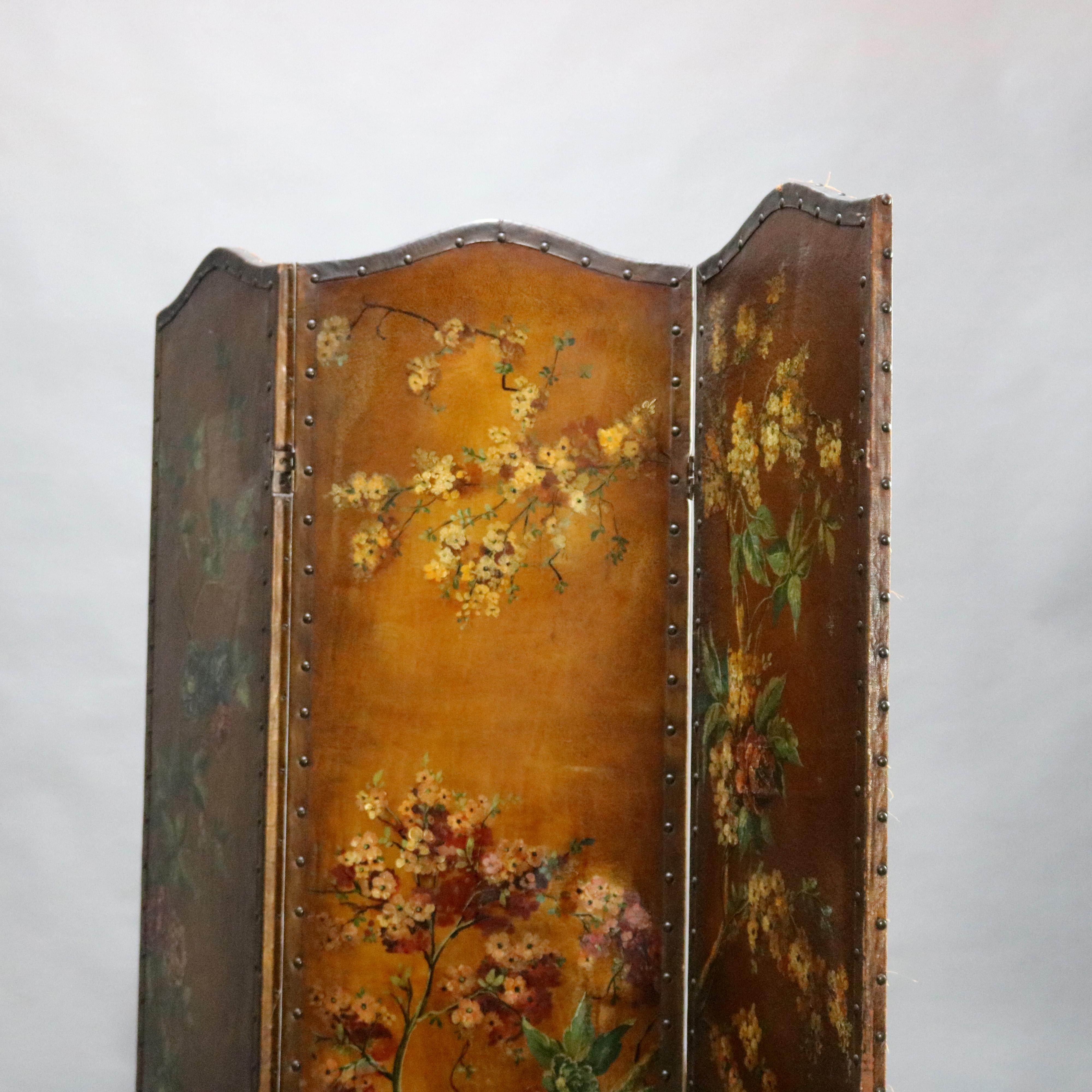 Hand-Painted French Victorian Hand Painted Floral Oil on Canvas Dressing Screen, circa 1890