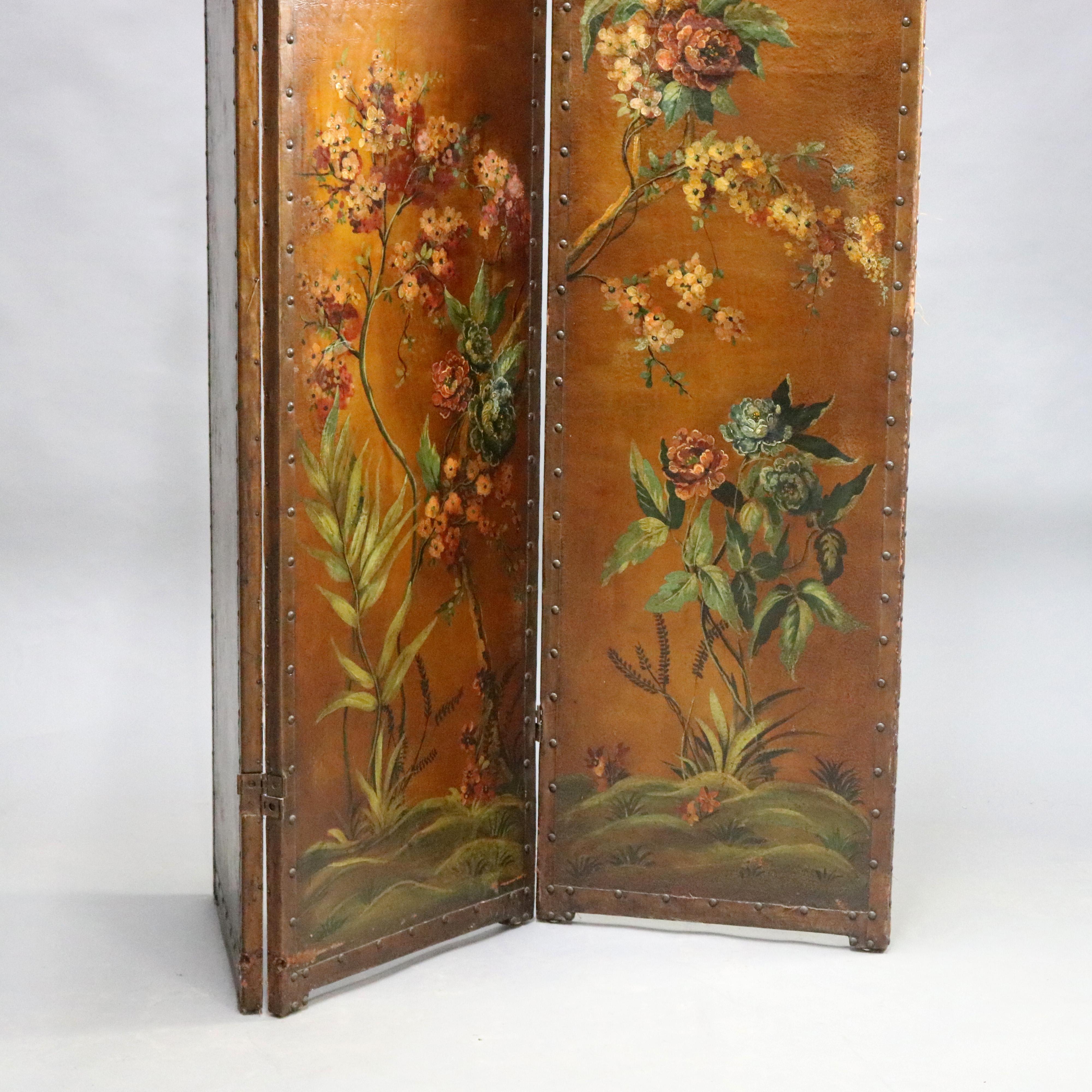 French Victorian Hand Painted Floral Oil on Canvas Dressing Screen, circa 1890 In Good Condition In Big Flats, NY