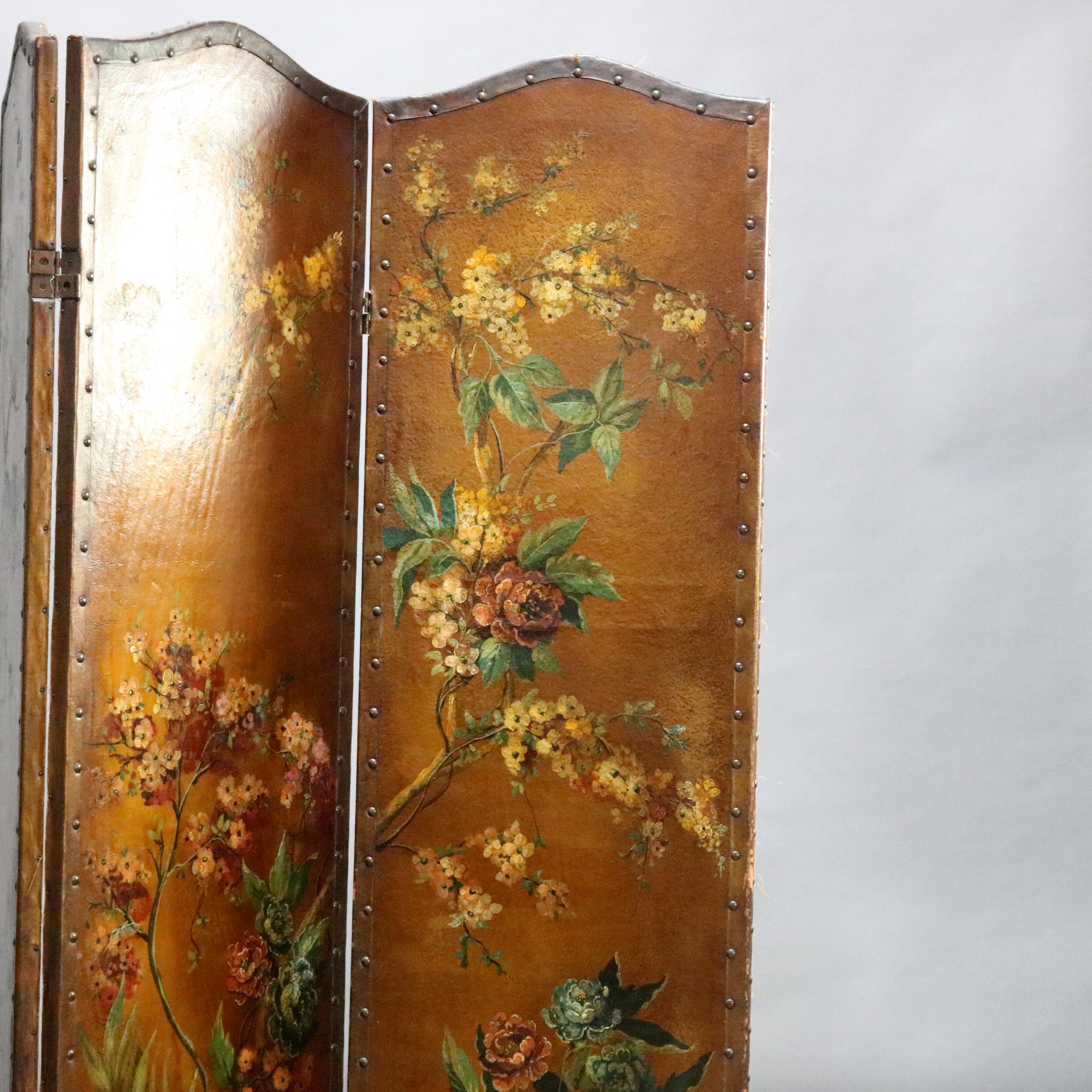 19th Century French Victorian Hand Painted Floral Oil on Canvas Dressing Screen, circa 1890