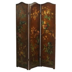 French Victorian Hand Painted Floral Oil on Canvas Dressing Screen, circa 1890