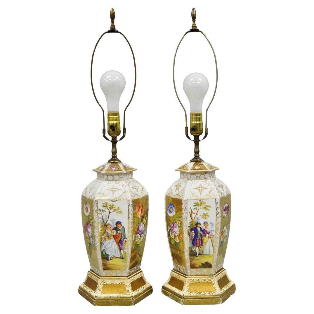 Antique French Victorian Hand Painted Gold Gilt Table Jar Lamps - a Pair