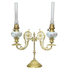 Antique French Victorian Hand Painted Opalescent Glass and Brass Oil Lamp