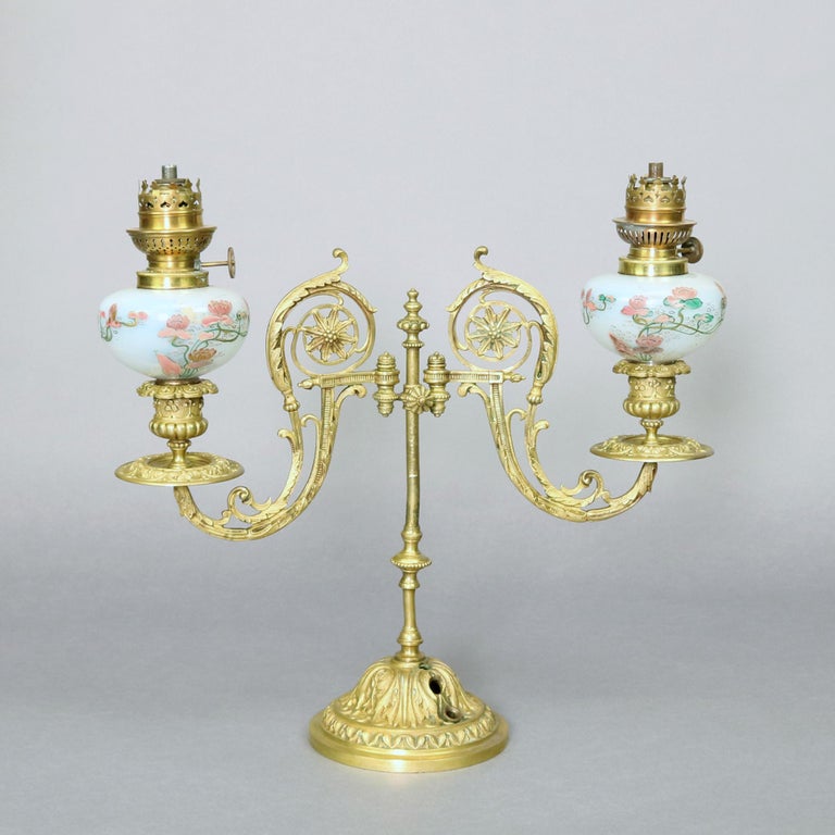 Antique French Victorian Hand Painted Opalescent Glass And Brass Oil Lamp