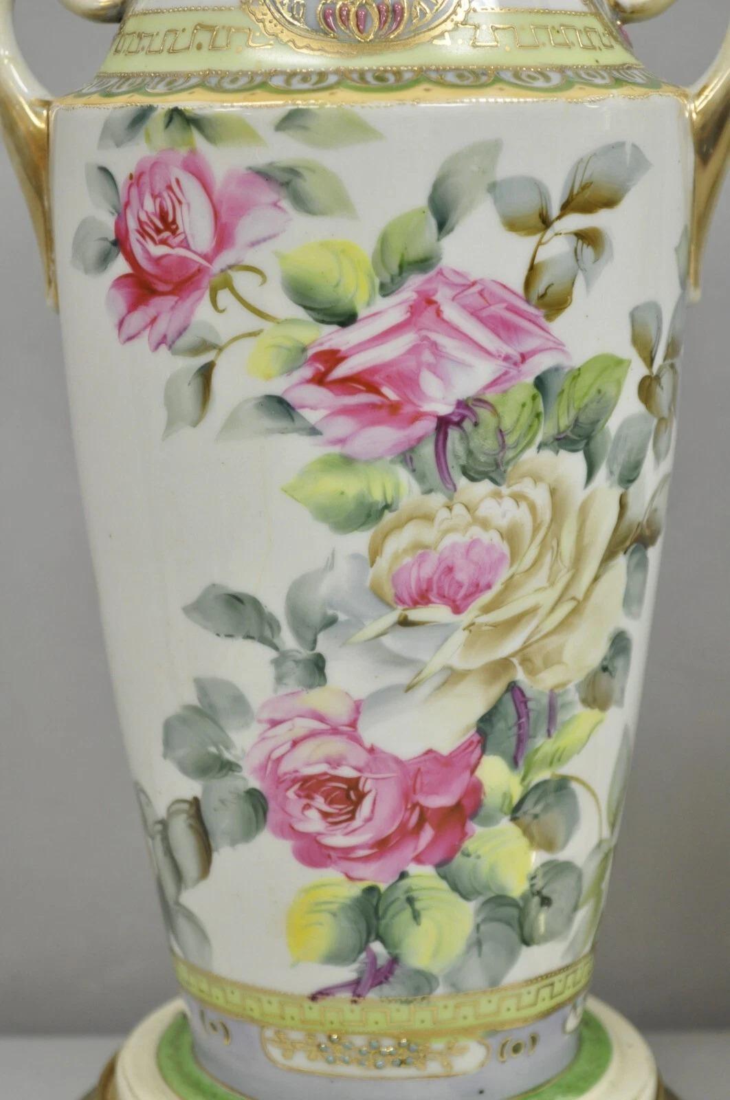 Inconnu Antique French Victorian Porcelain Pink Rose Table Lamps - a Pair en vente