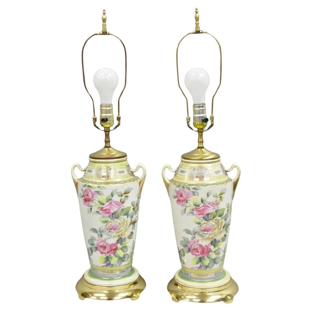 Antique French Victorian Porcelain Pink Rose Table Lamps - a Pair