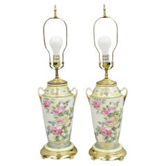 Antique French Victorian Hand Painted Porcelain Pink Rose Table Lamps - a Pair