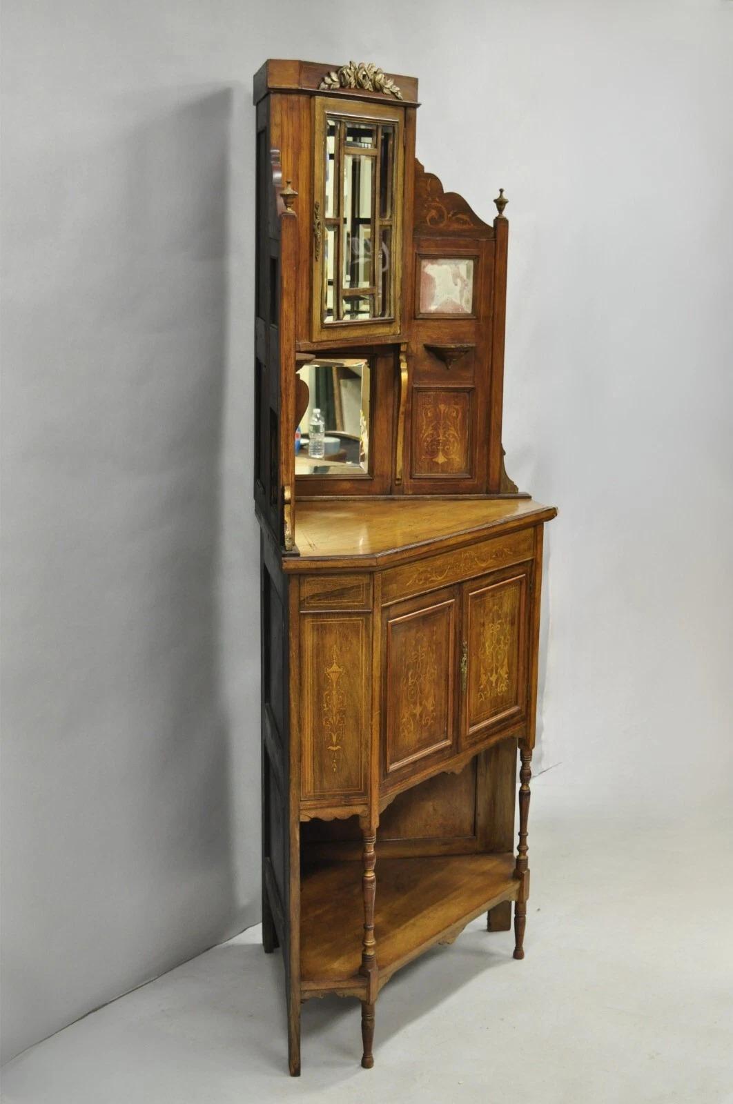 Antique French Victorian Inlaid Mahogany Corner China Cabinet Display Curio For Sale 7