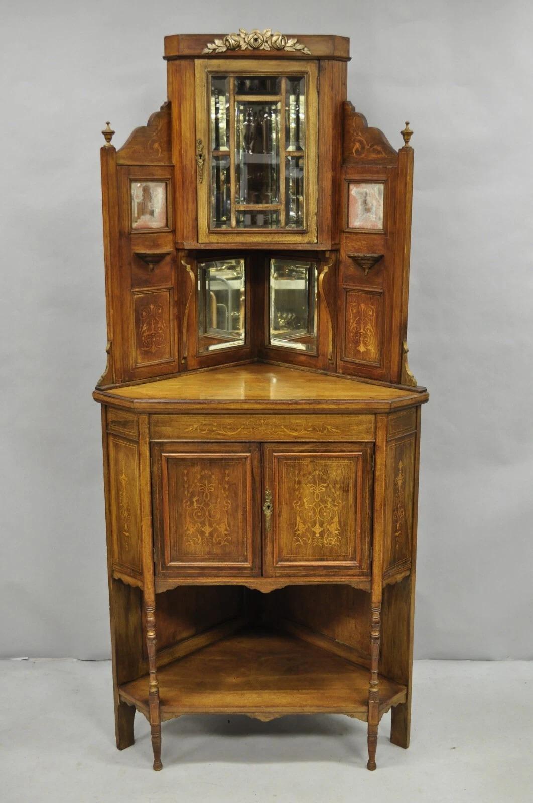 Antique French Victorian Inlaid Mahogany Corner China Cabinet Display Curio For Sale 8