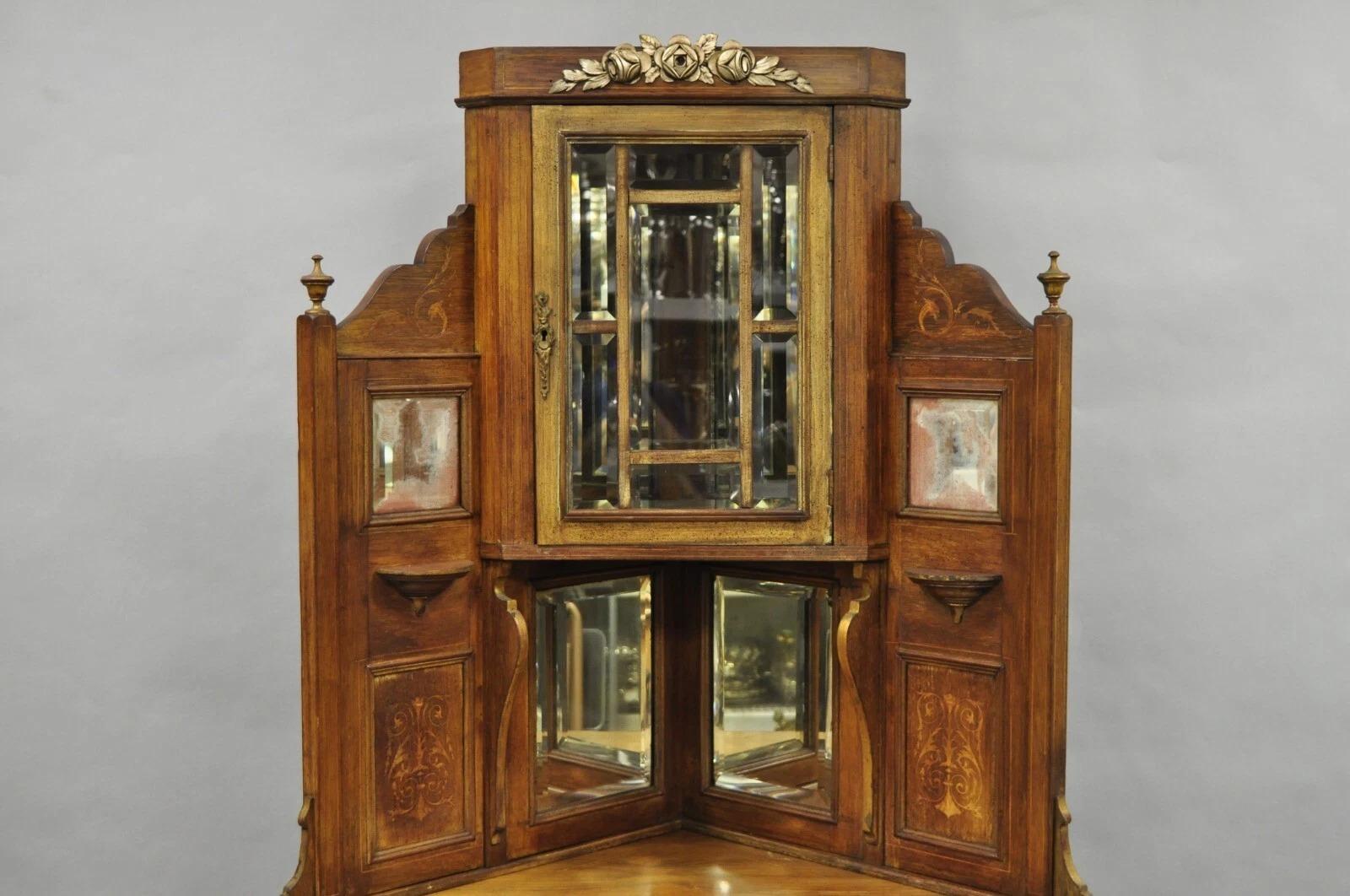 Unknown Antique French Victorian Inlaid Mahogany Corner China Cabinet Display Curio For Sale