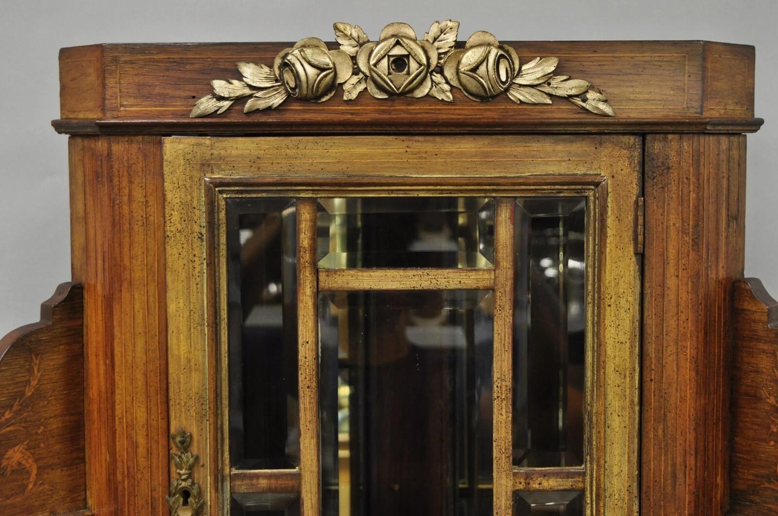 Antique French Victorian Inlaid Mahogany Corner China Cabinet Display Curio In Good Condition For Sale In Philadelphia, PA