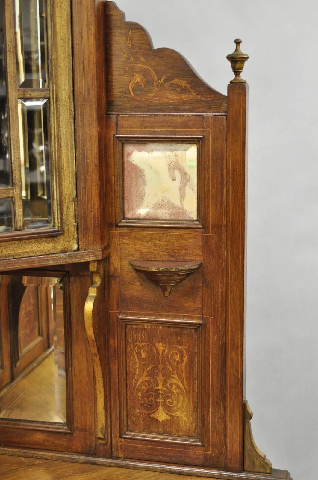 19th Century Antique French Victorian Inlaid Mahogany Corner China Cabinet Display Curio For Sale