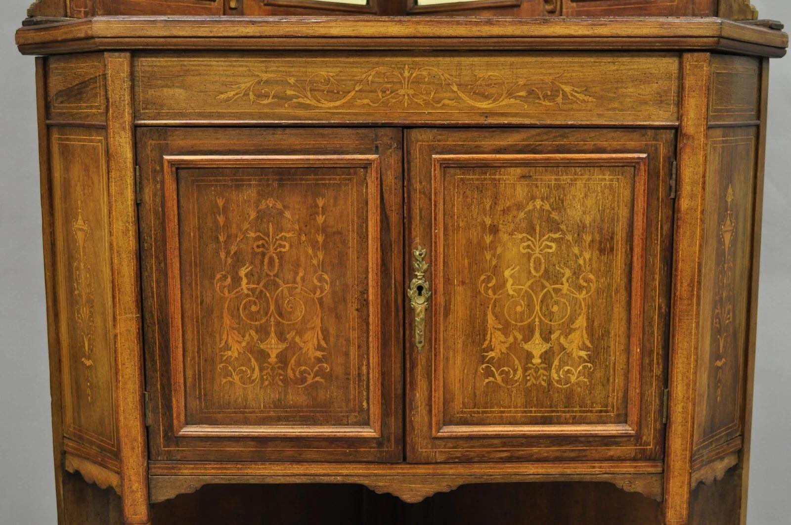 Antique French Victorian Inlaid Mahogany Corner China Cabinet Display Curio For Sale 1