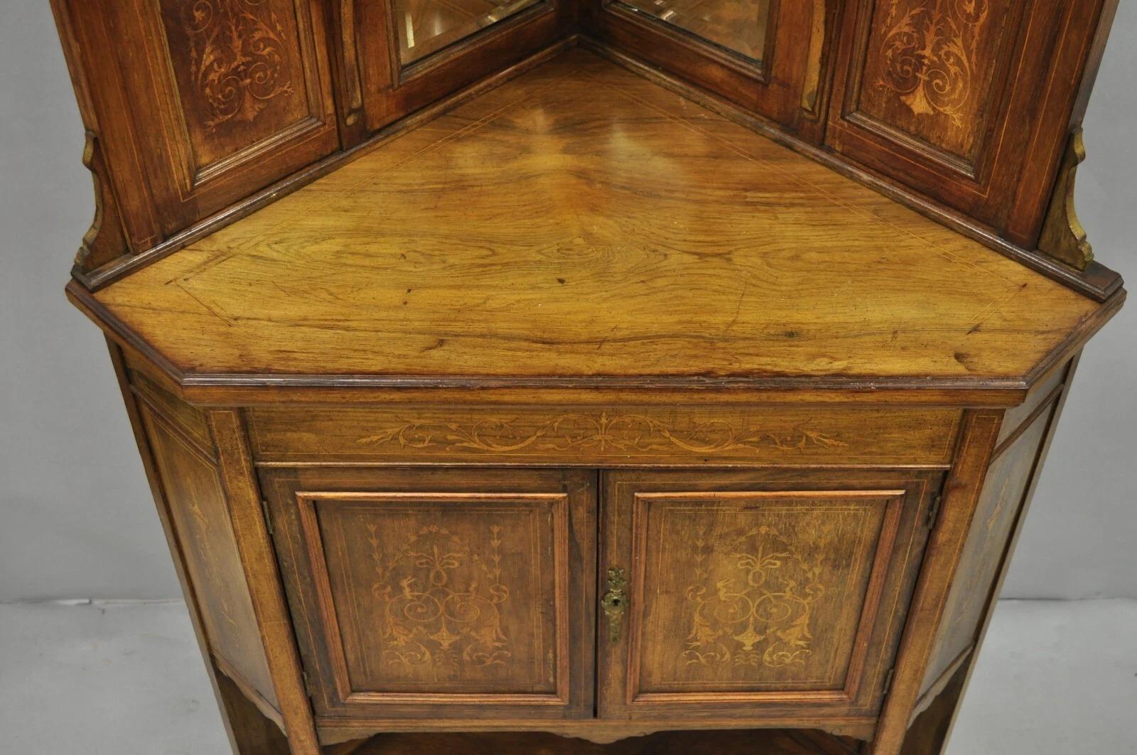 Antique French Victorian Inlaid Mahogany Corner China Cabinet Display Curio For Sale 2