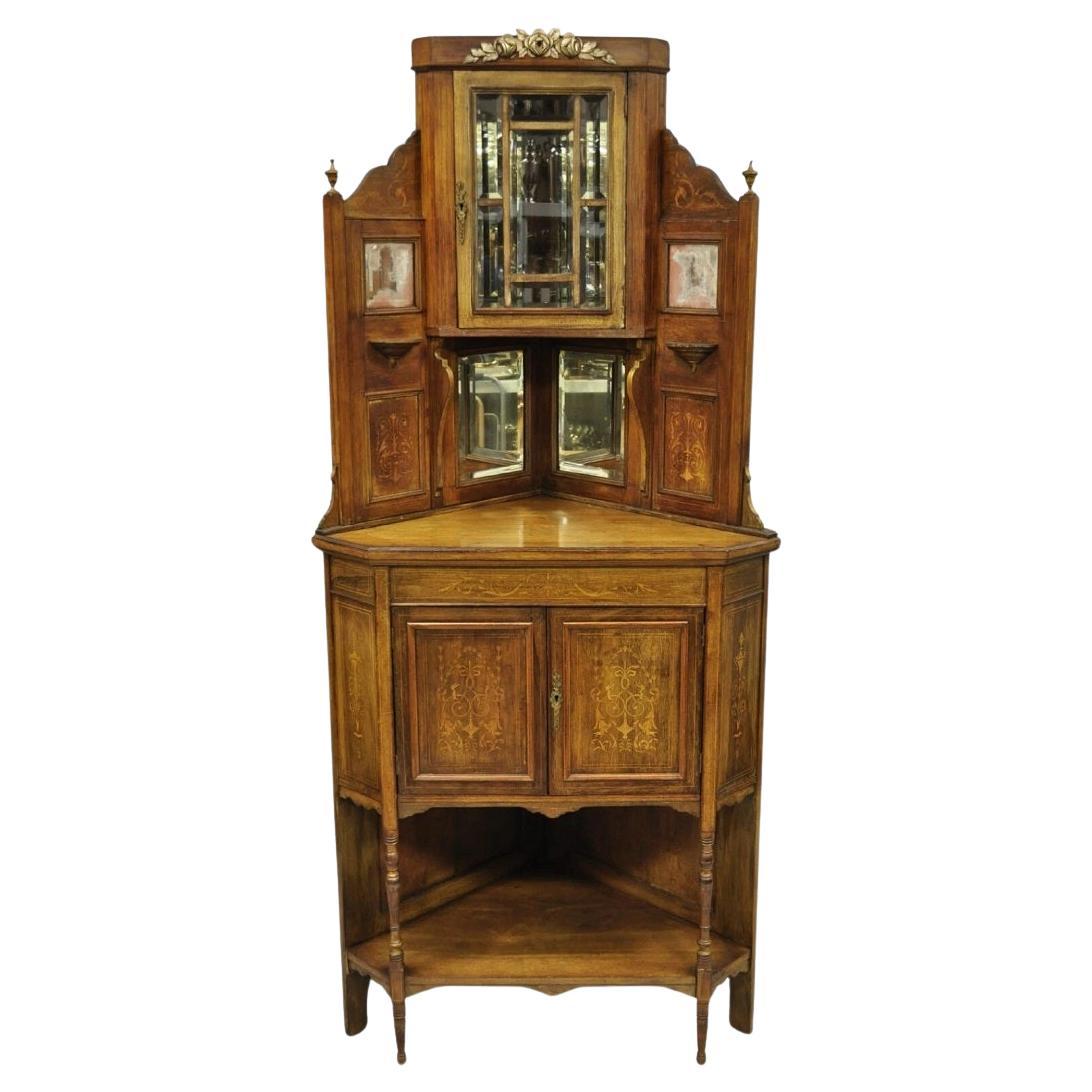 Antique French Victorian Inlaid Mahogany Corner China Cabinet Display Curio For Sale