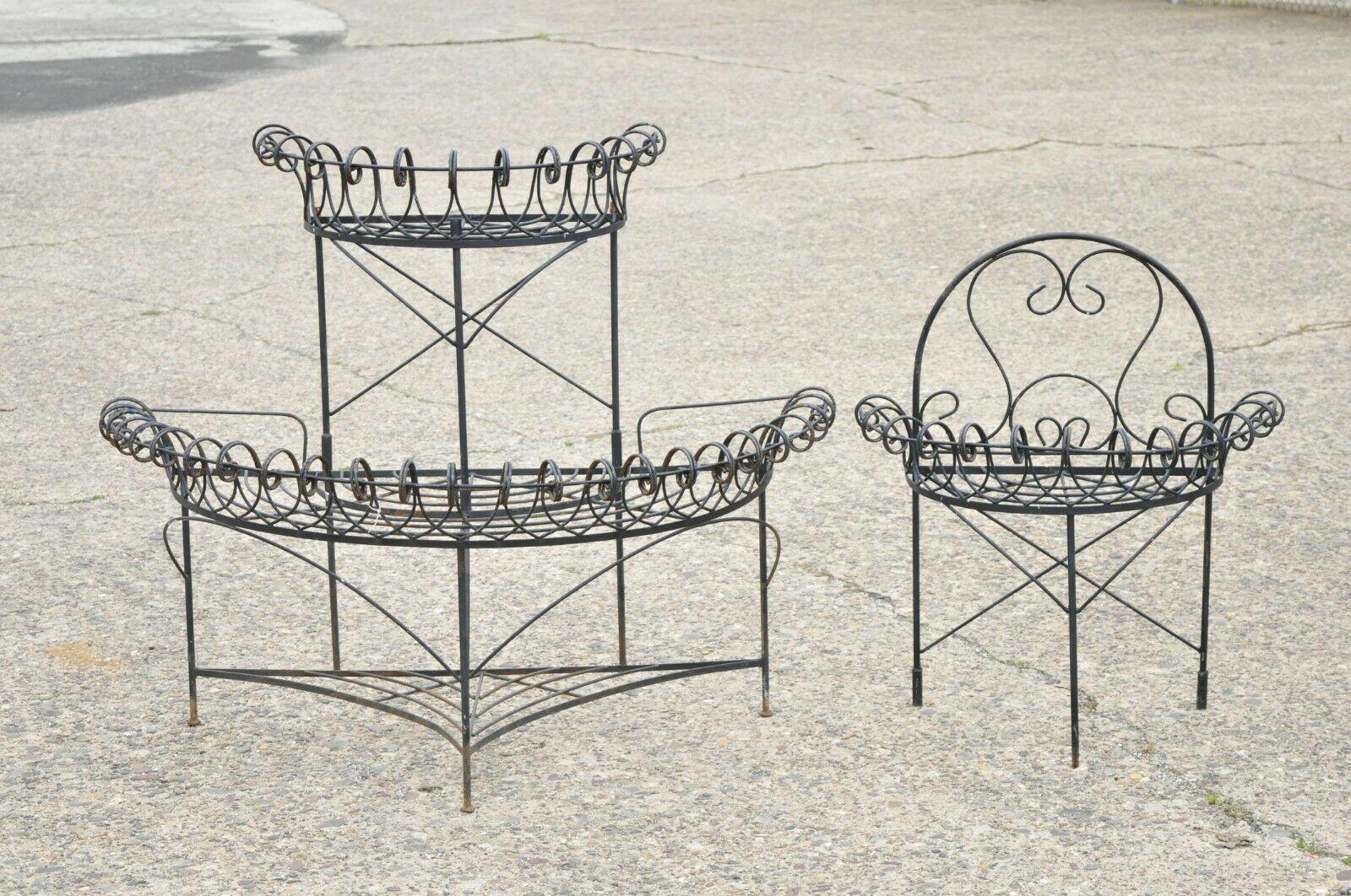 Antique French Victorian Iron Wire Scrolling 3 Tier Garden Demilune Planter For Sale 4