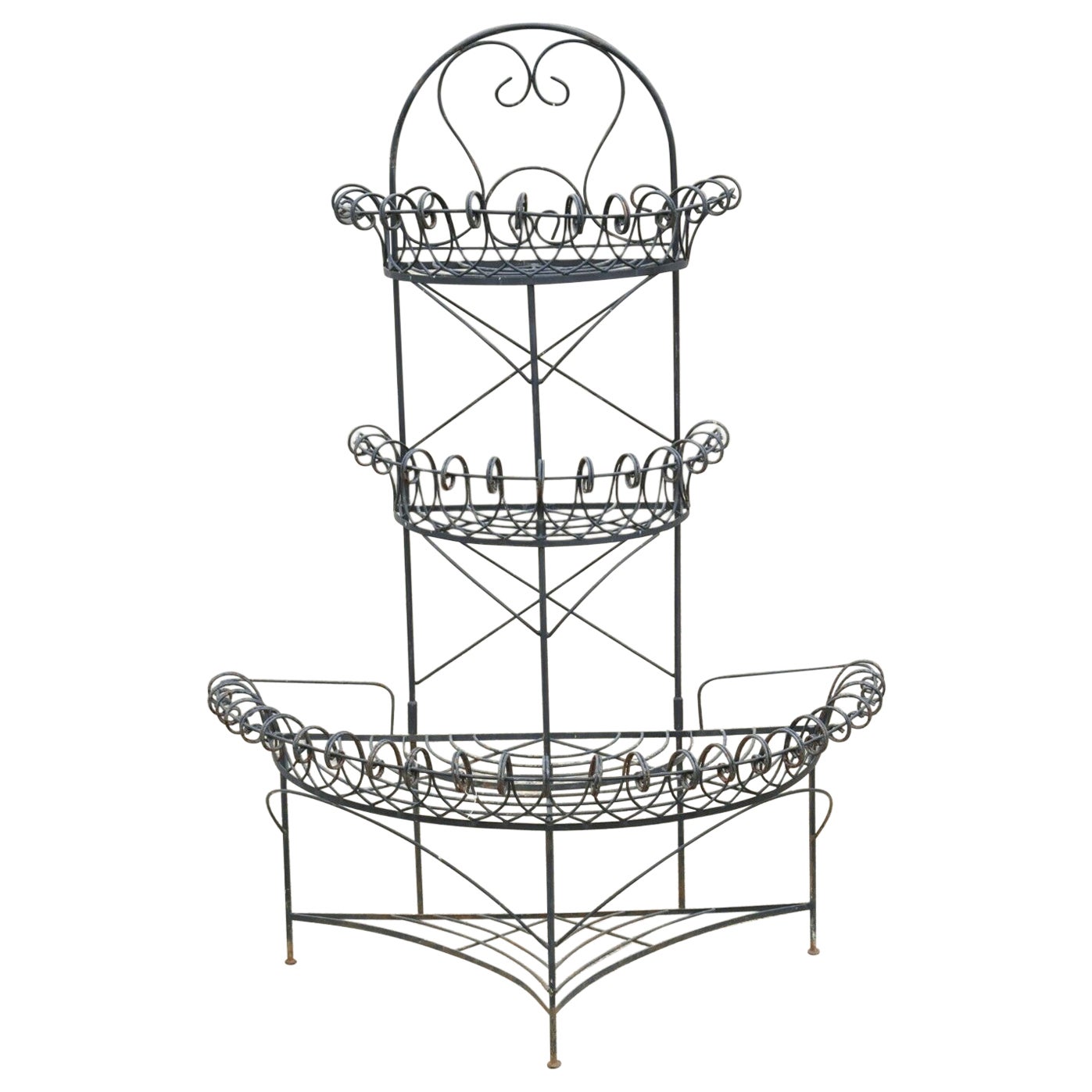 Antique French Victorian Iron Wire Scrolling 3 Tier Garden Demilune Planter