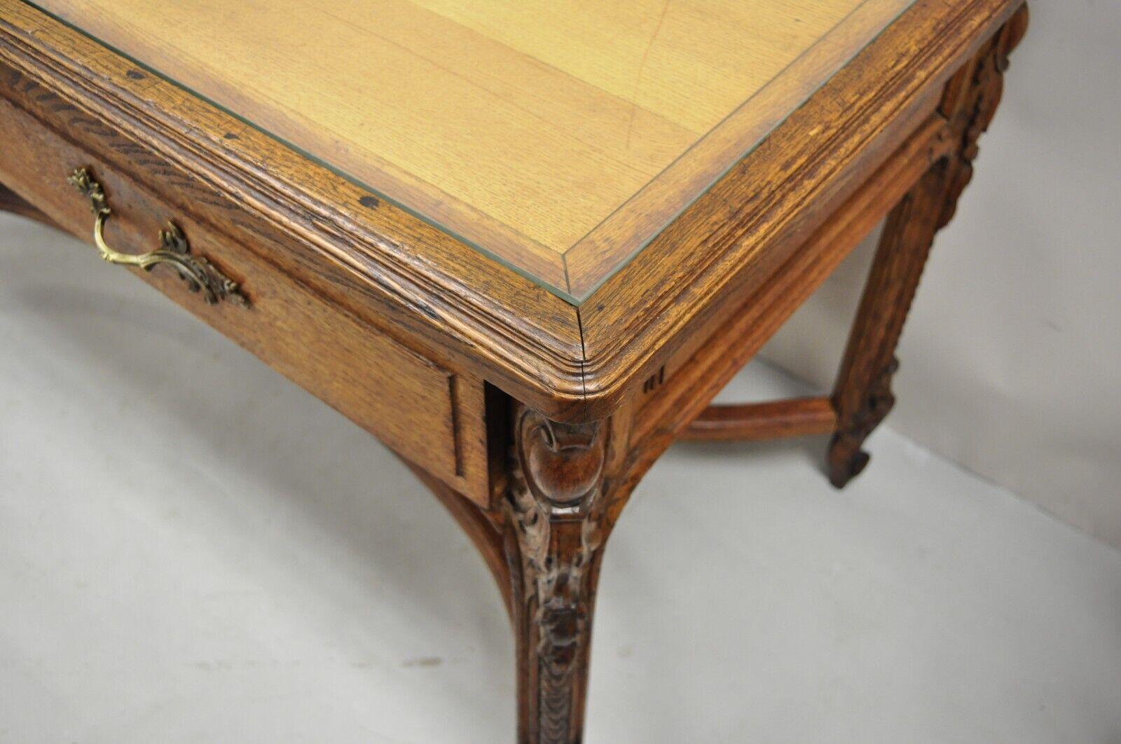 Antique French Victorian Louis XV Style Oak 2 Drawer Writing Desk Console Table In Good Condition For Sale In Philadelphia, PA