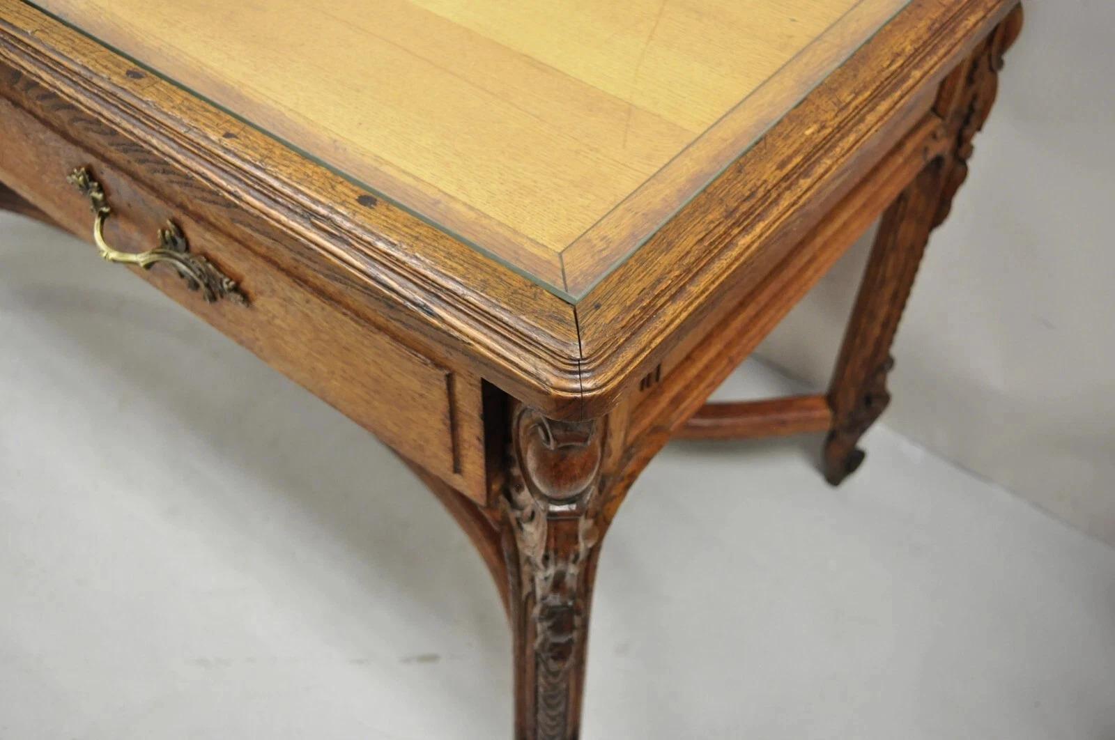 XX secolo Antique French Victorian Louis XV Style Oak 2 Drawer Writing Desk Console Table in vendita