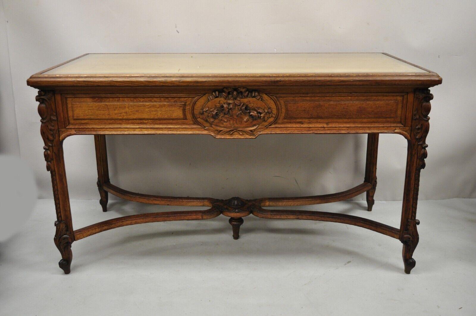 Antique French Victorian Louis XV Style Oak 2 Drawer Writing Desk Console Table For Sale 1