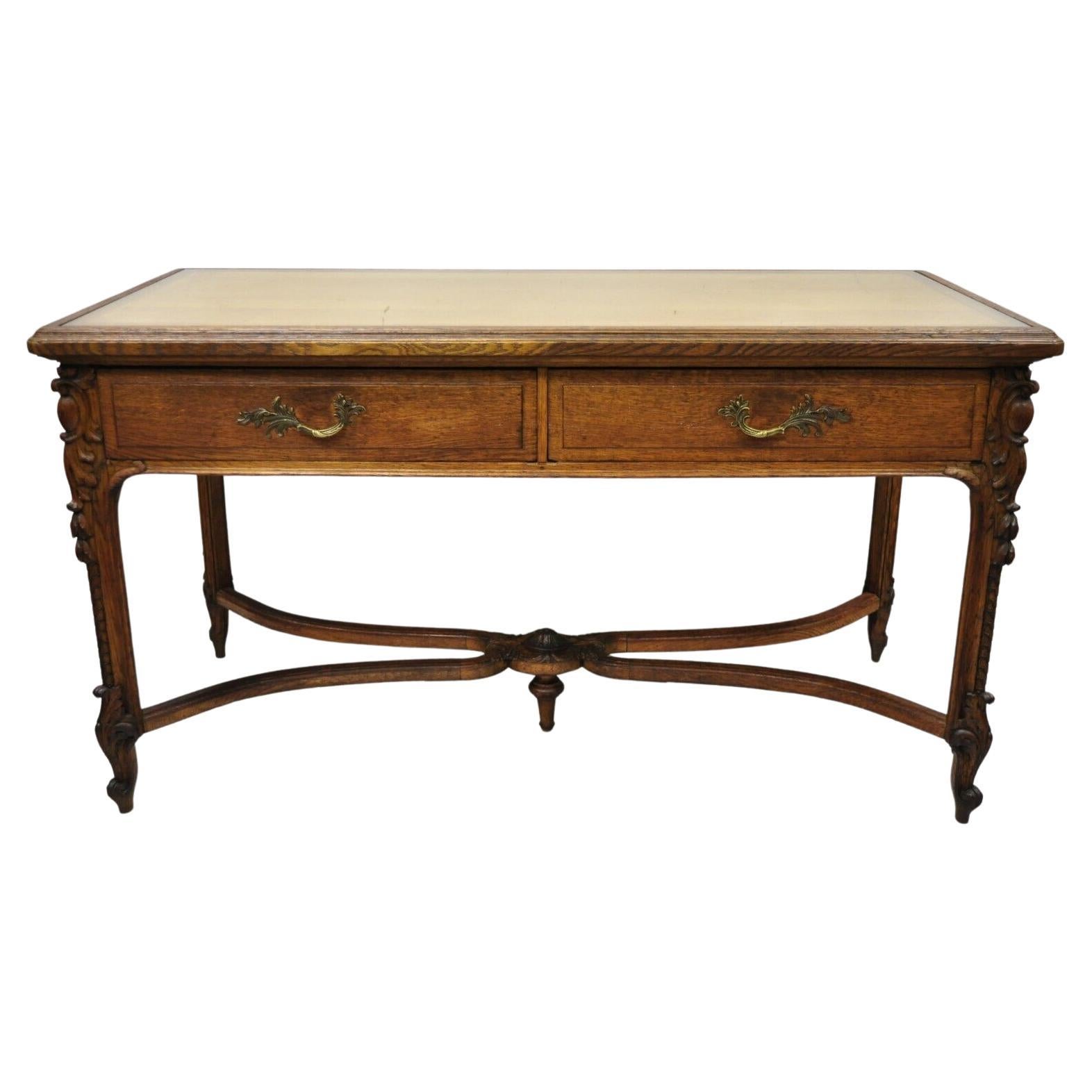 Antique French Victorian Louis XV Style Oak 2 Drawer Writing Desk Console Table For Sale