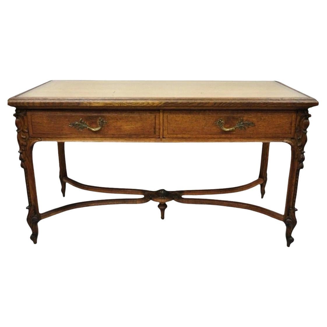 Antique French Victorian Louis XV Style Oak 2 Drawer Writing Desk Console Table in vendita