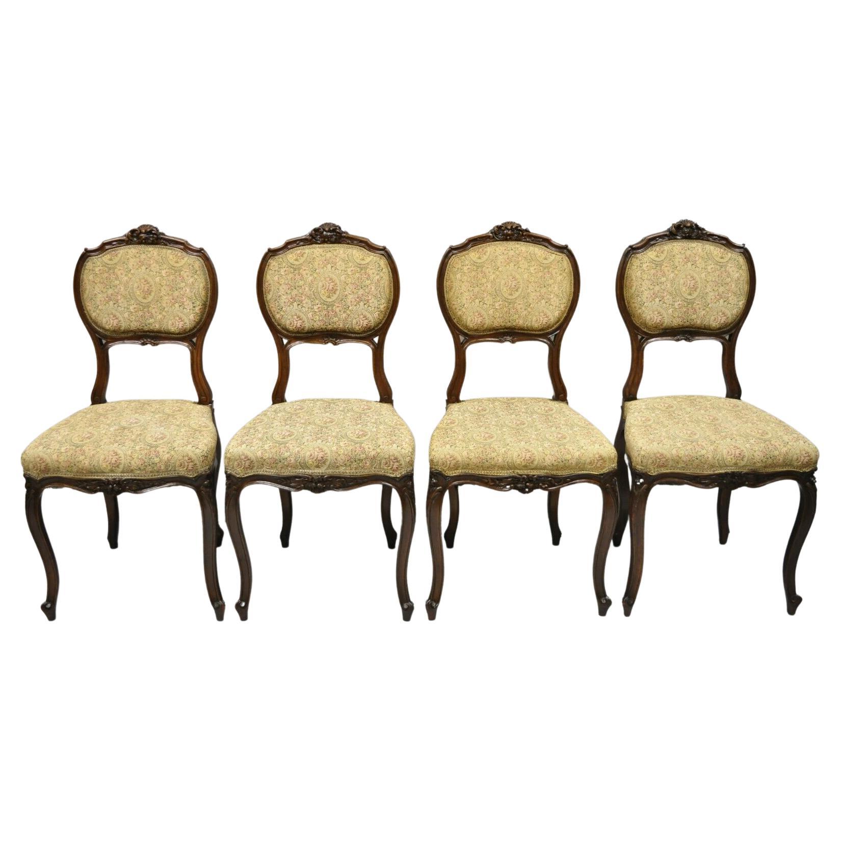 Antique French Victorian Mahogany Upholstered Parlor Side Chairs, Set of 4