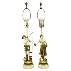 Antique French Victorian Moreau Figural Metal Boy and Girl Table Lamps - a Pair