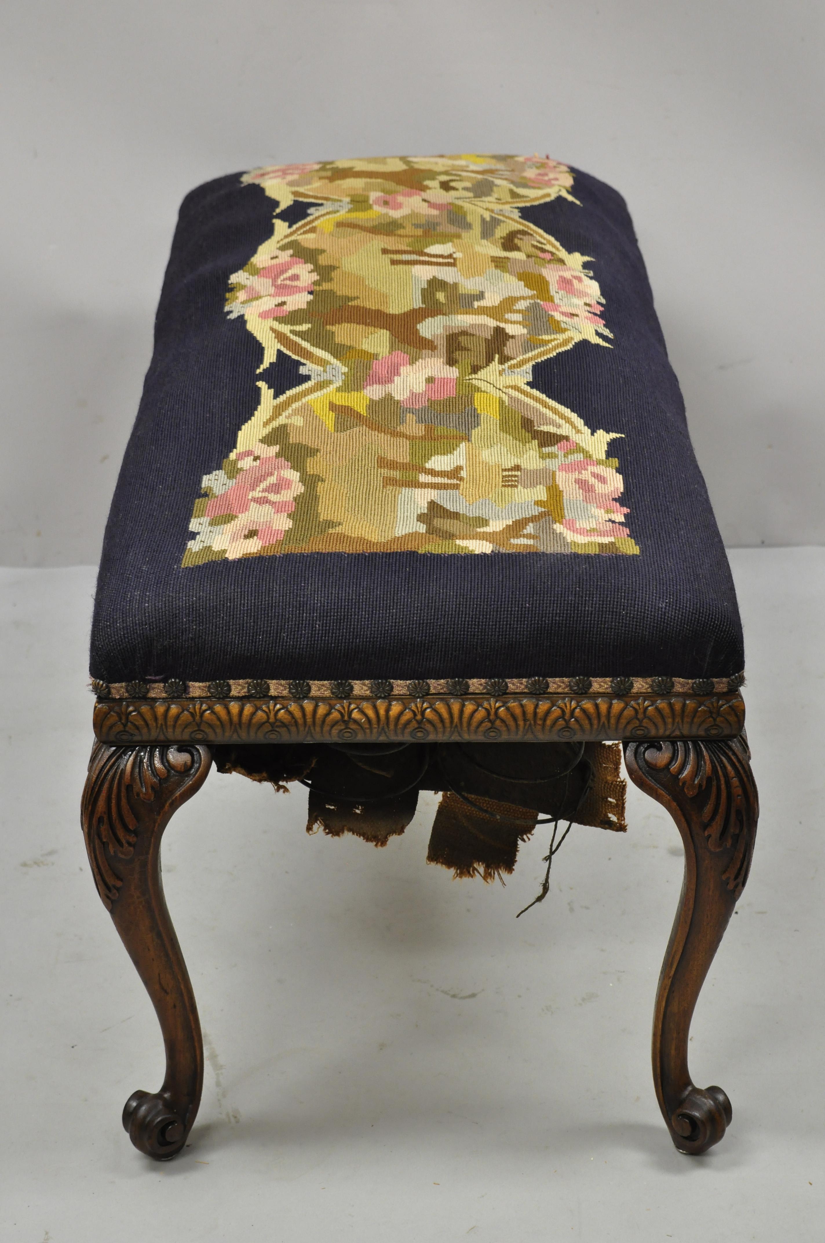 Antique French Victorian Needlepoint Carved Cabriole Leg Mahogany Bench For Sale 3