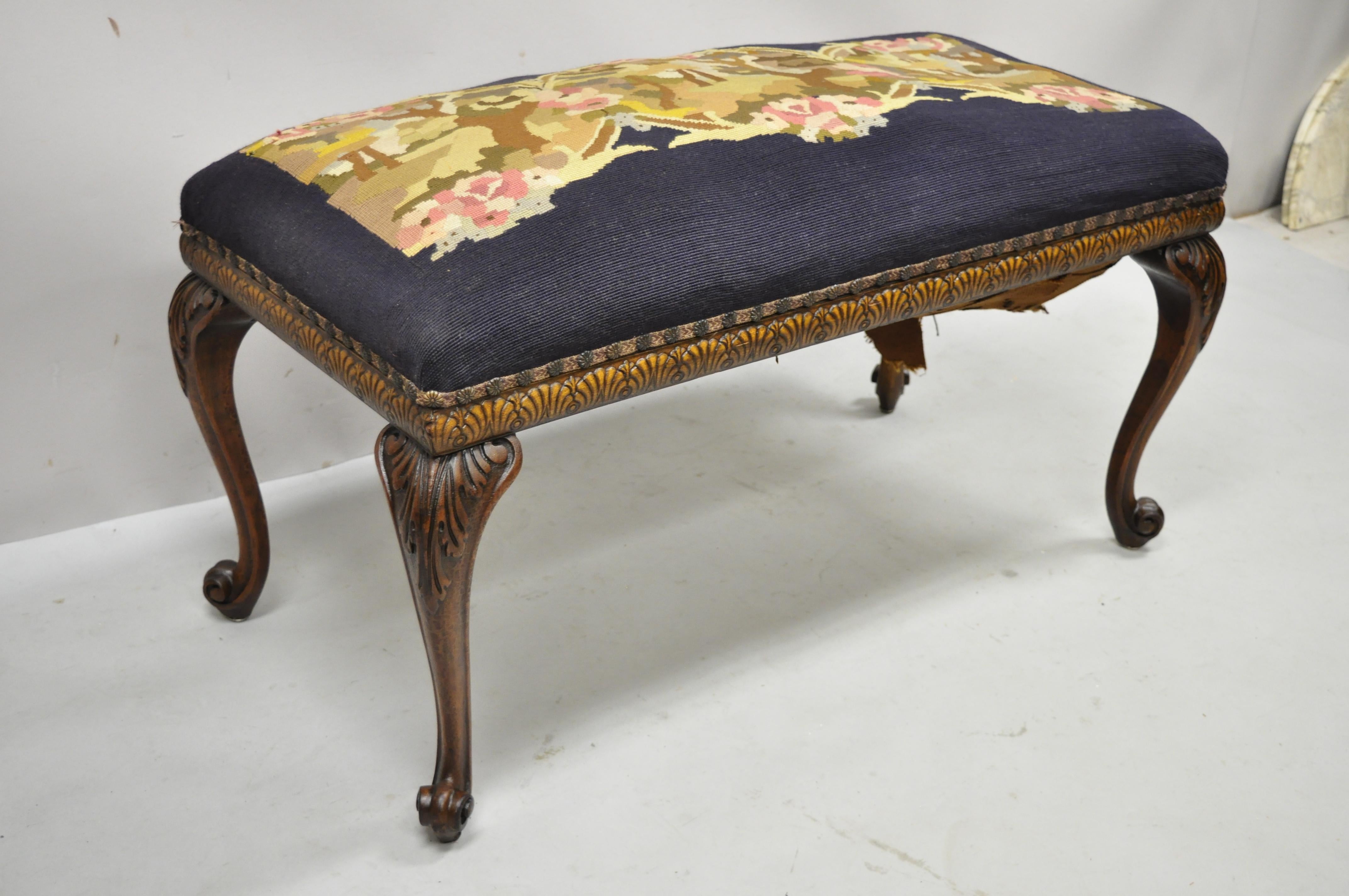 Antique French Victorian Needlepoint Carved Cabriole Leg Mahogany Bench For Sale 5