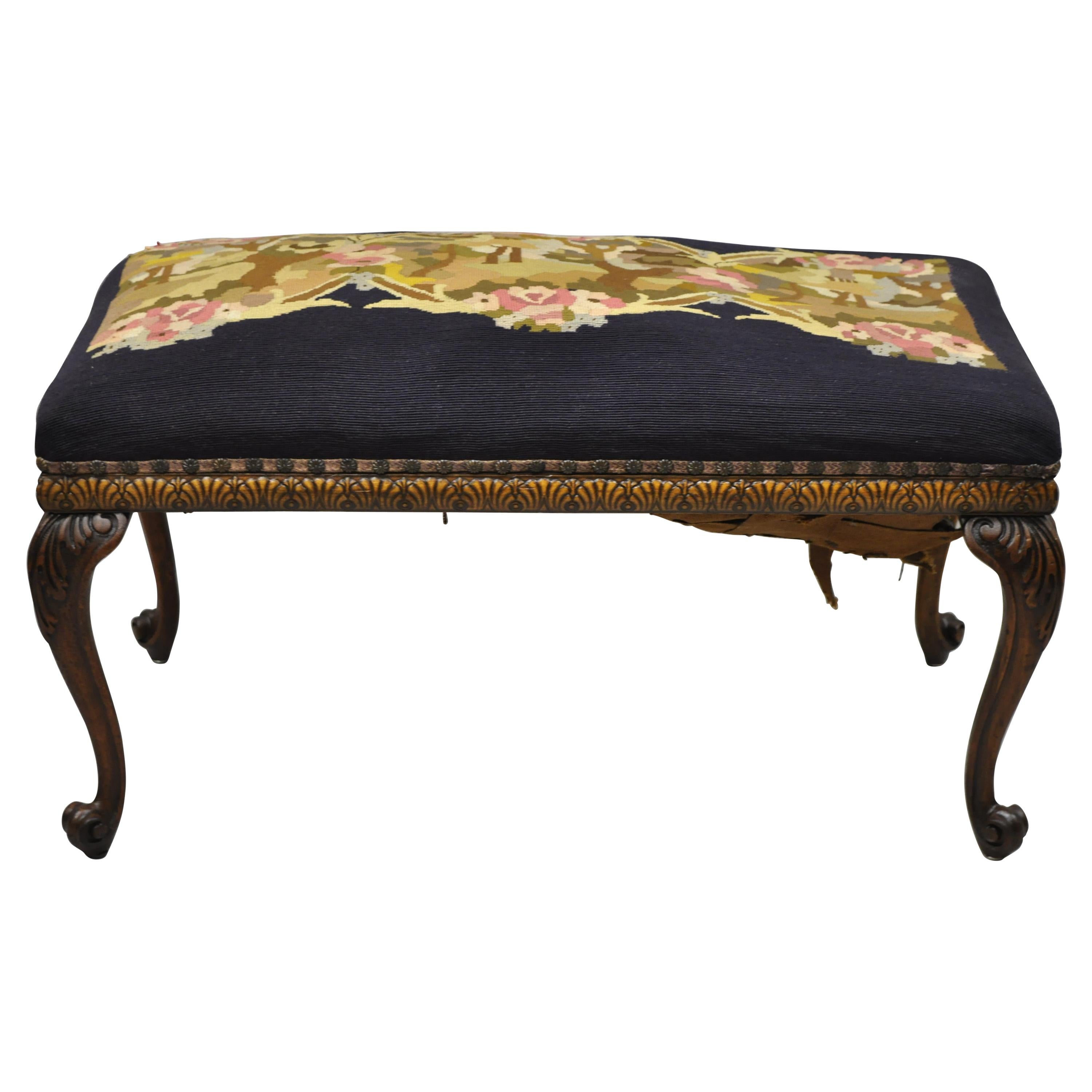 Antique French Victorian Needlepoint Carved Cabriole Leg Mahogany Bench For Sale