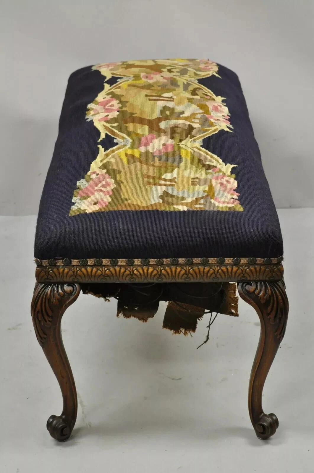 Antique French Victorian Needlepoint Carved Mahogany Cabriole Leg Bench For Sale 5