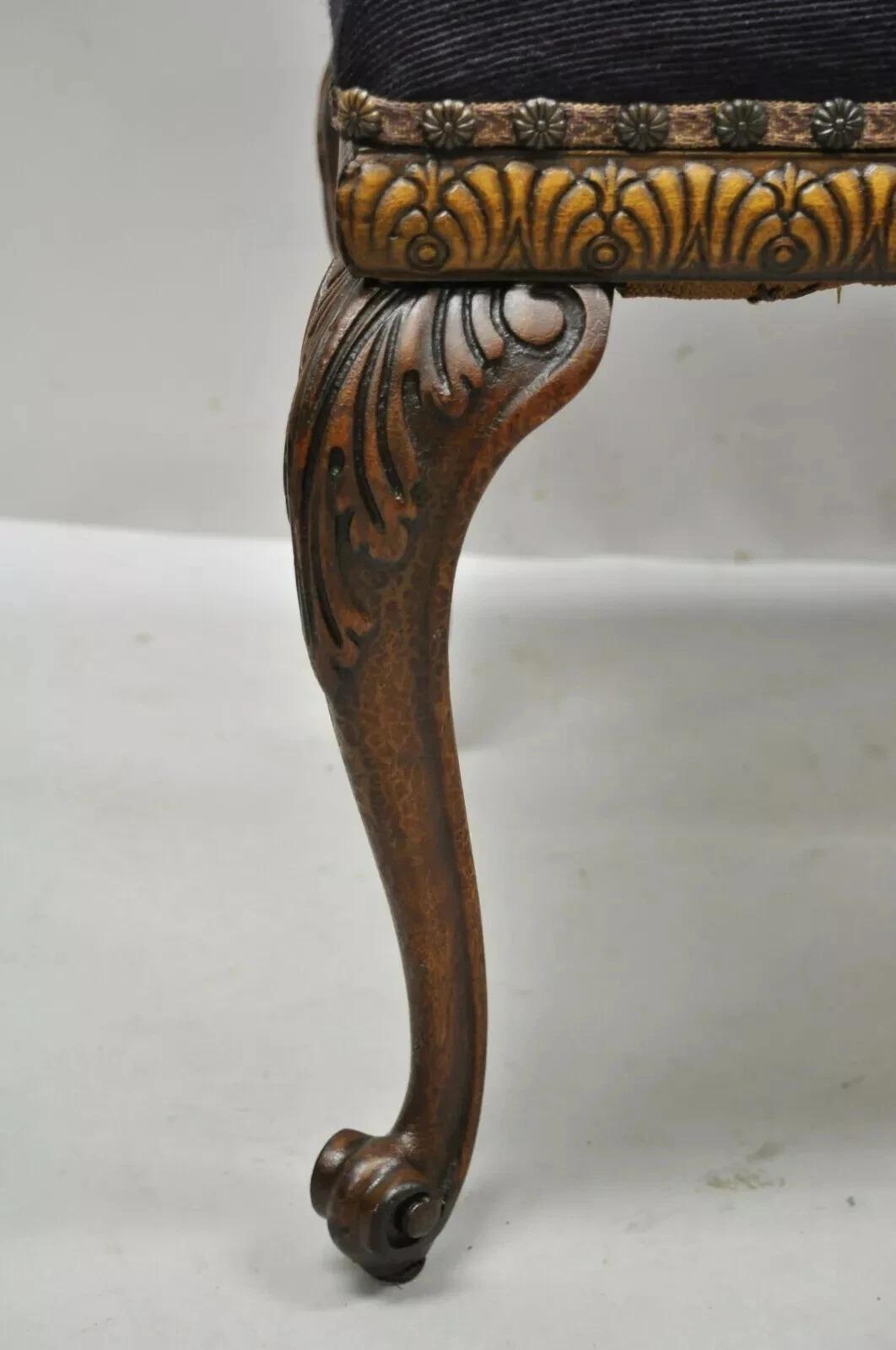 Antique French Victorian Needlepoint Carved Mahogany Cabriole Leg Bench For Sale 6