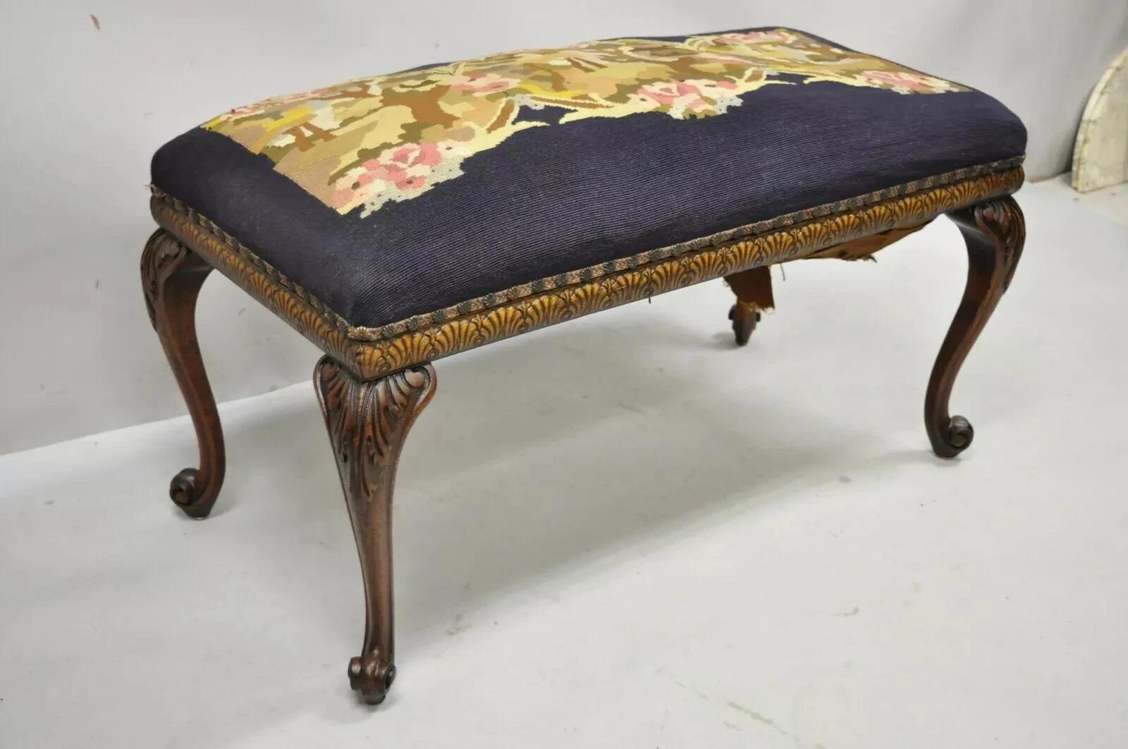 Antique French Victorian Needlepoint Carved Mahogany Cabriole Leg Bench For Sale 7