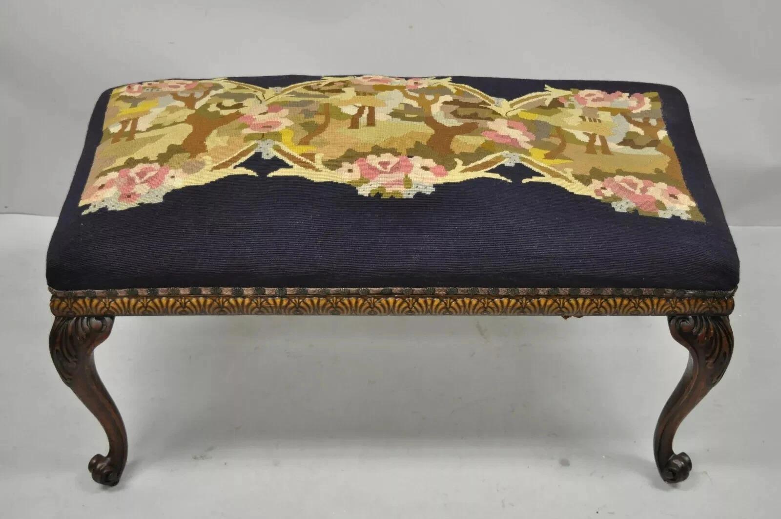 Antique French Victorian Needlepoint Carved Cabriole Leg Mahogany Bench. Item features a needlepoint seat, solid wood carved base, 