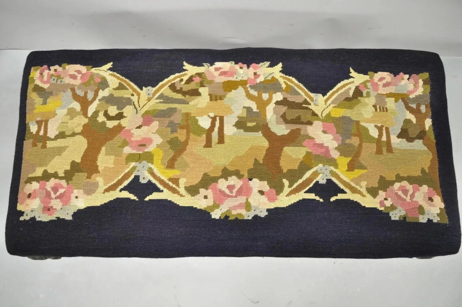 Unknown Antique French Victorian Needlepoint Carved Mahogany Cabriole Leg Bench For Sale