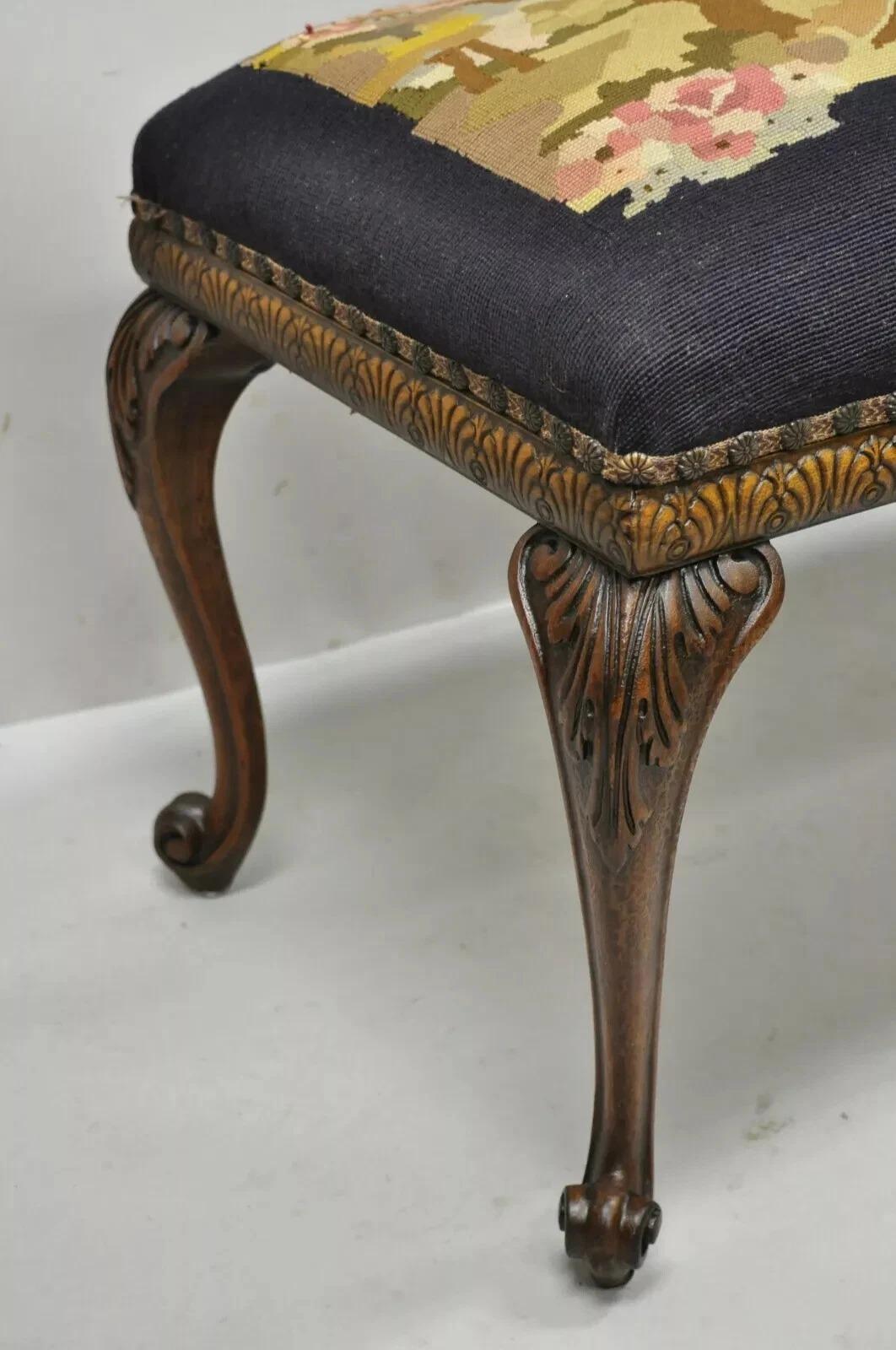 Antique French Victorian Needlepoint Carved Mahogany Cabriole Leg Bench For Sale 1