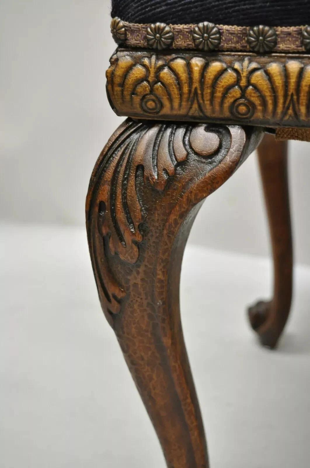 Antique French Victorian Needlepoint Carved Mahogany Cabriole Leg Bench For Sale 2
