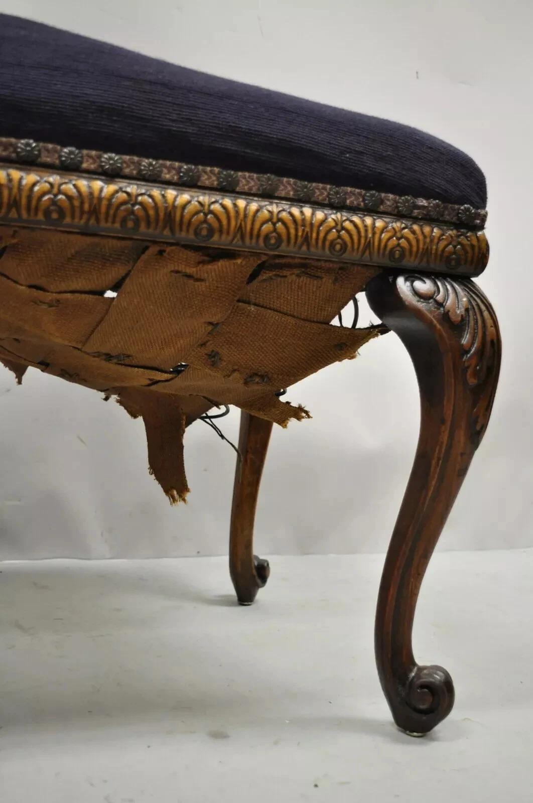 Antique French Victorian Needlepoint Carved Mahogany Cabriole Leg Bench For Sale 3